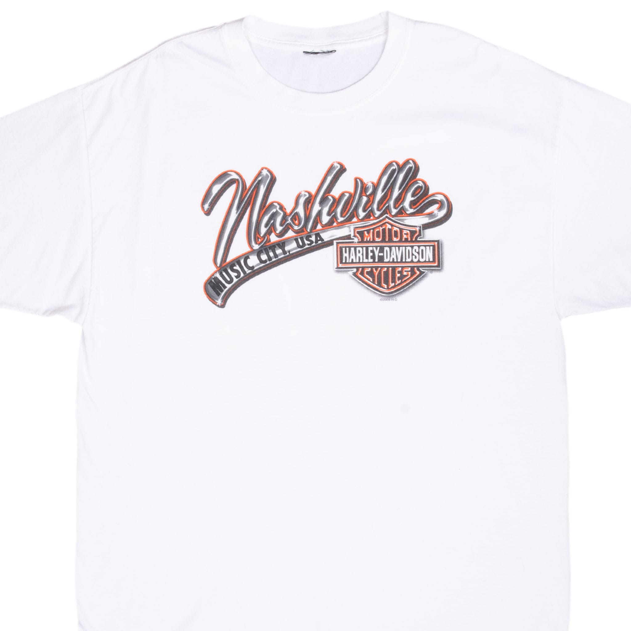 Front upper view of white Harley-Davidson T-shirt with Nashville Music City USA graphic