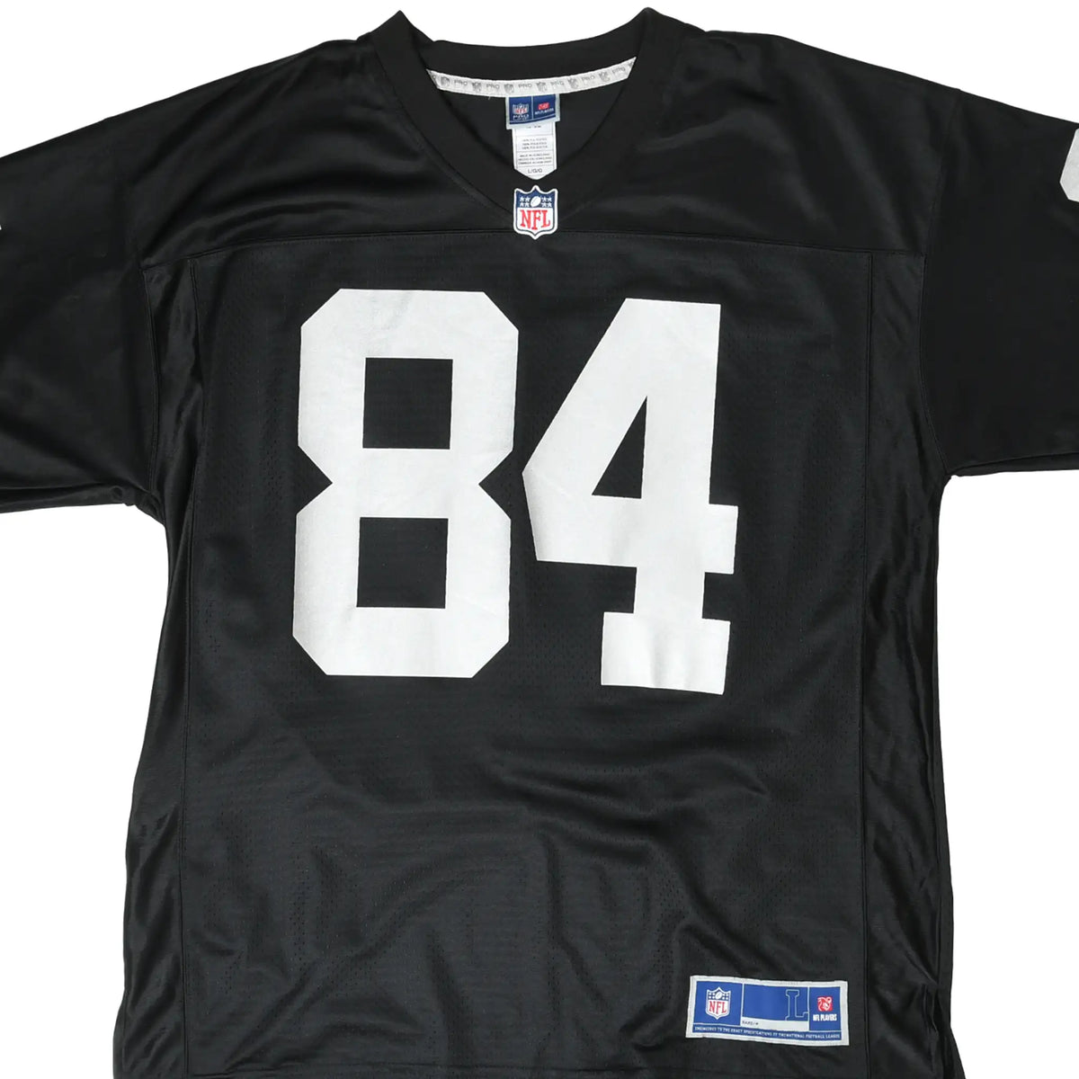 Front close-up of black Oakland Raiders Antonio Brown jersey with white number 84