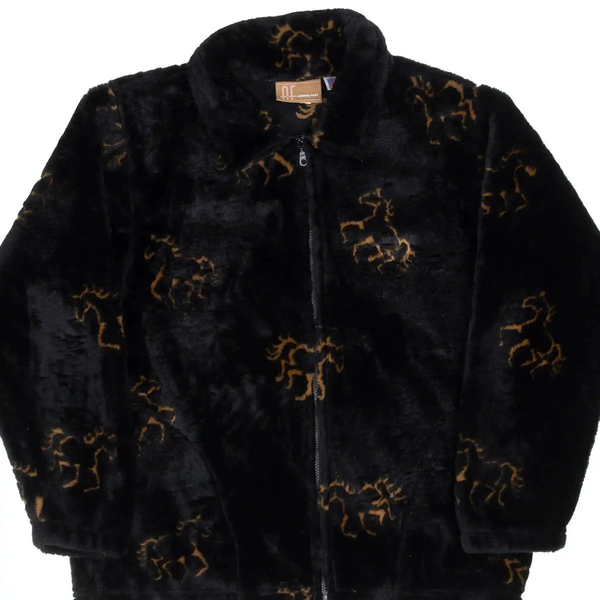 Front of black Andrea Faye by Mazmania fluffy fleece jacket with brown horse print