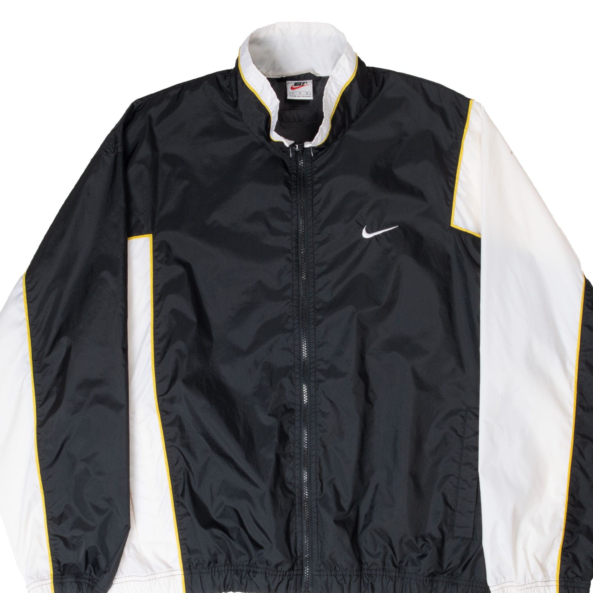 Front upper view of black Nike windbreaker with white panels, yellow piping and embroidered Swoosh