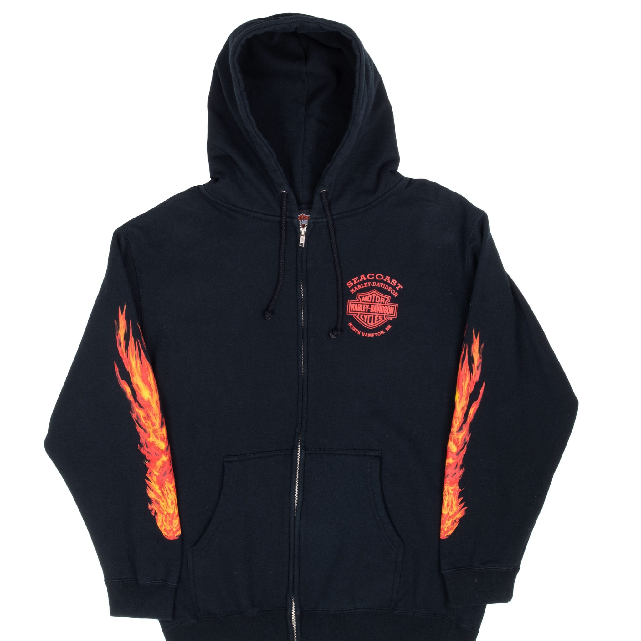 Front of black Harley-Davidson zip hoodie with red chest logo and orange sleeve flames