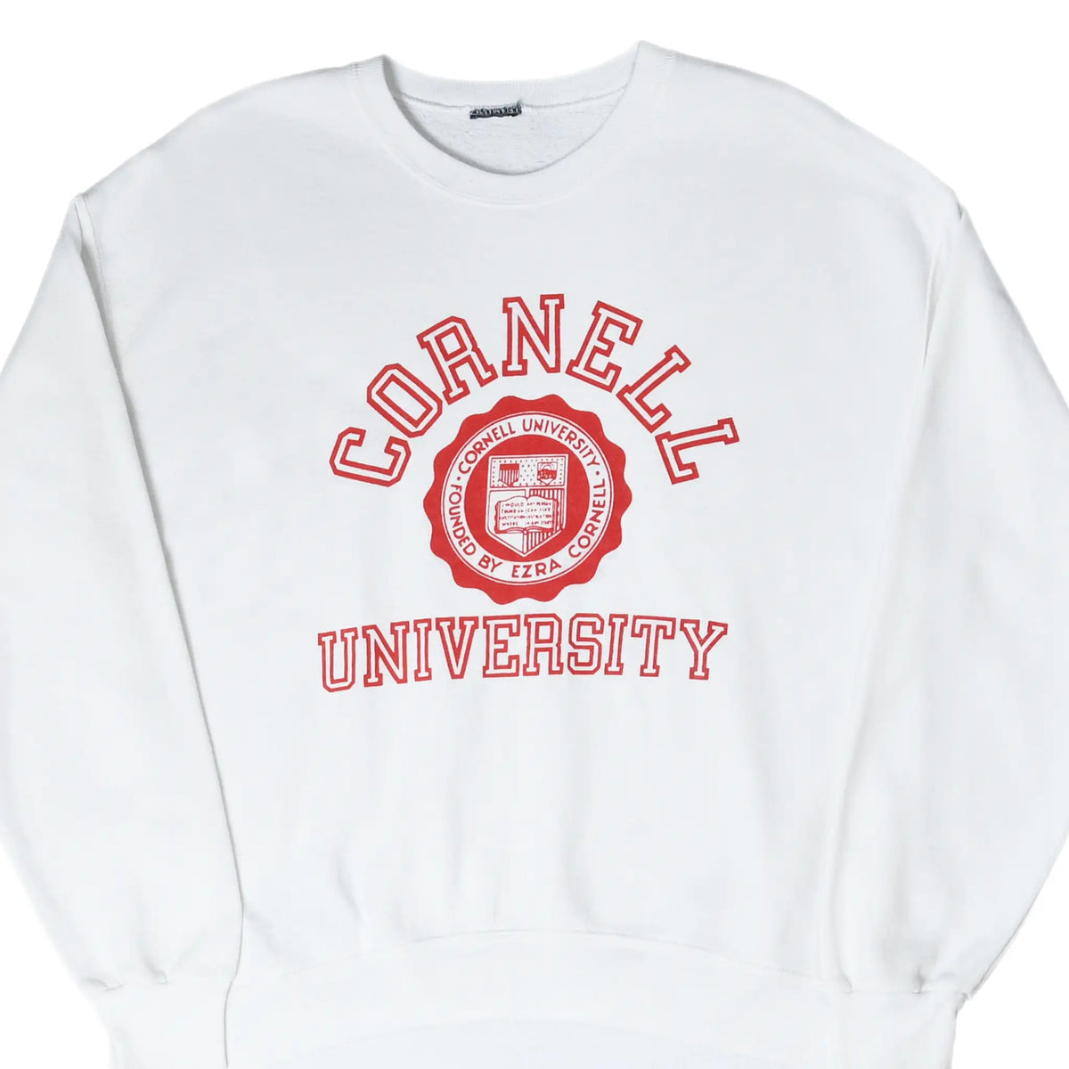 Front of white Cornell University sweatshirt with red collegiate lettering and seal graphic