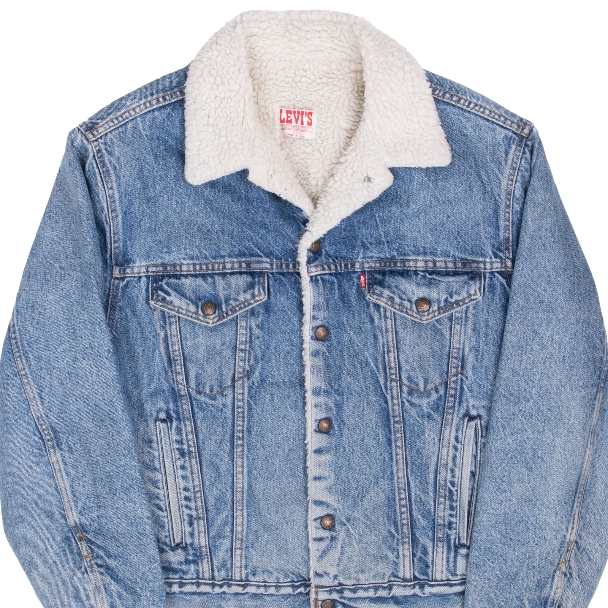 Vintage Levis Sherpa Trucker Blue Denim Jacket 1980S Size 42R Made In Usa