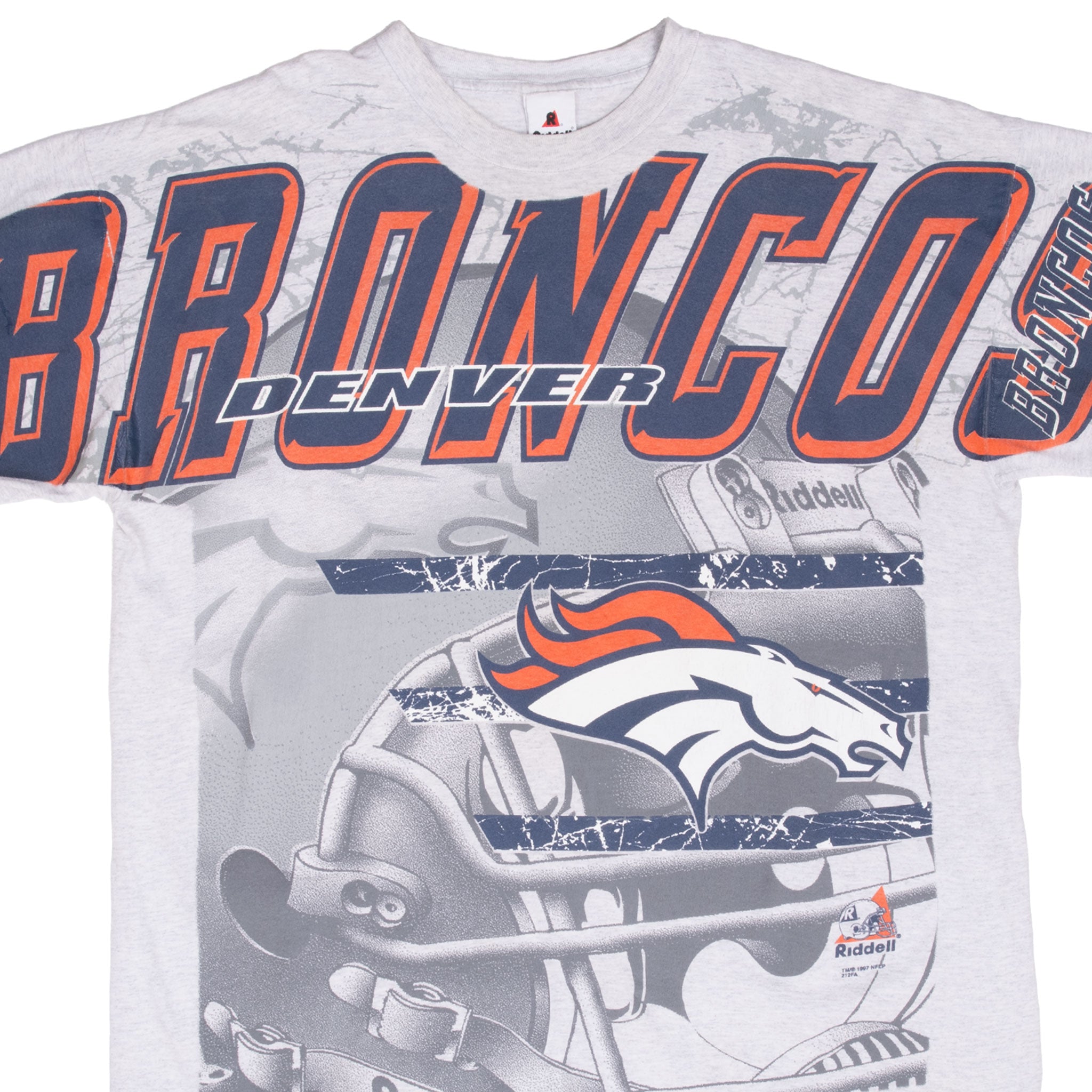 Vintage Nfl Denver Broncos All Over Print 1997 Tee Shirt Size XL Made In USA with Single Stitch Sleeves