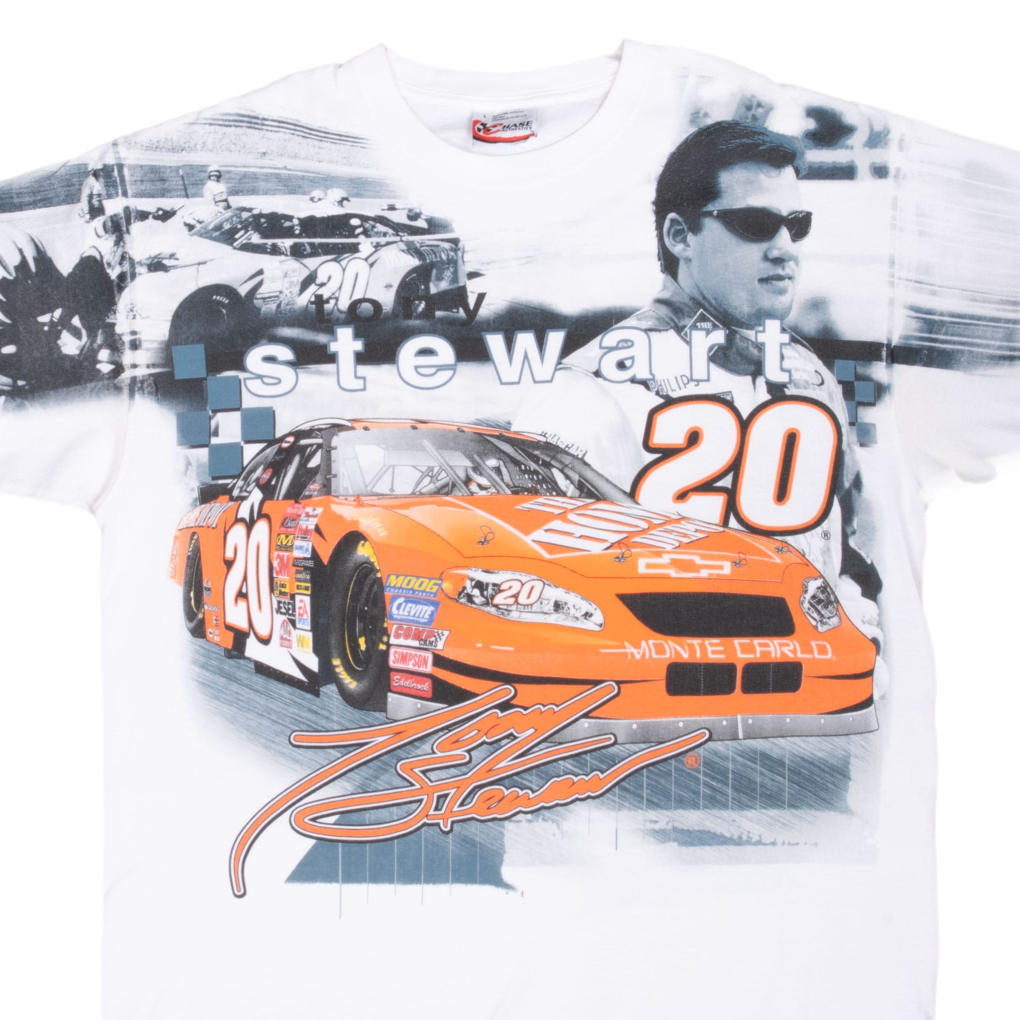 Front graphic of white Tony Stewart NASCAR T-shirt with portrait and orange No. 20 Home Depot car