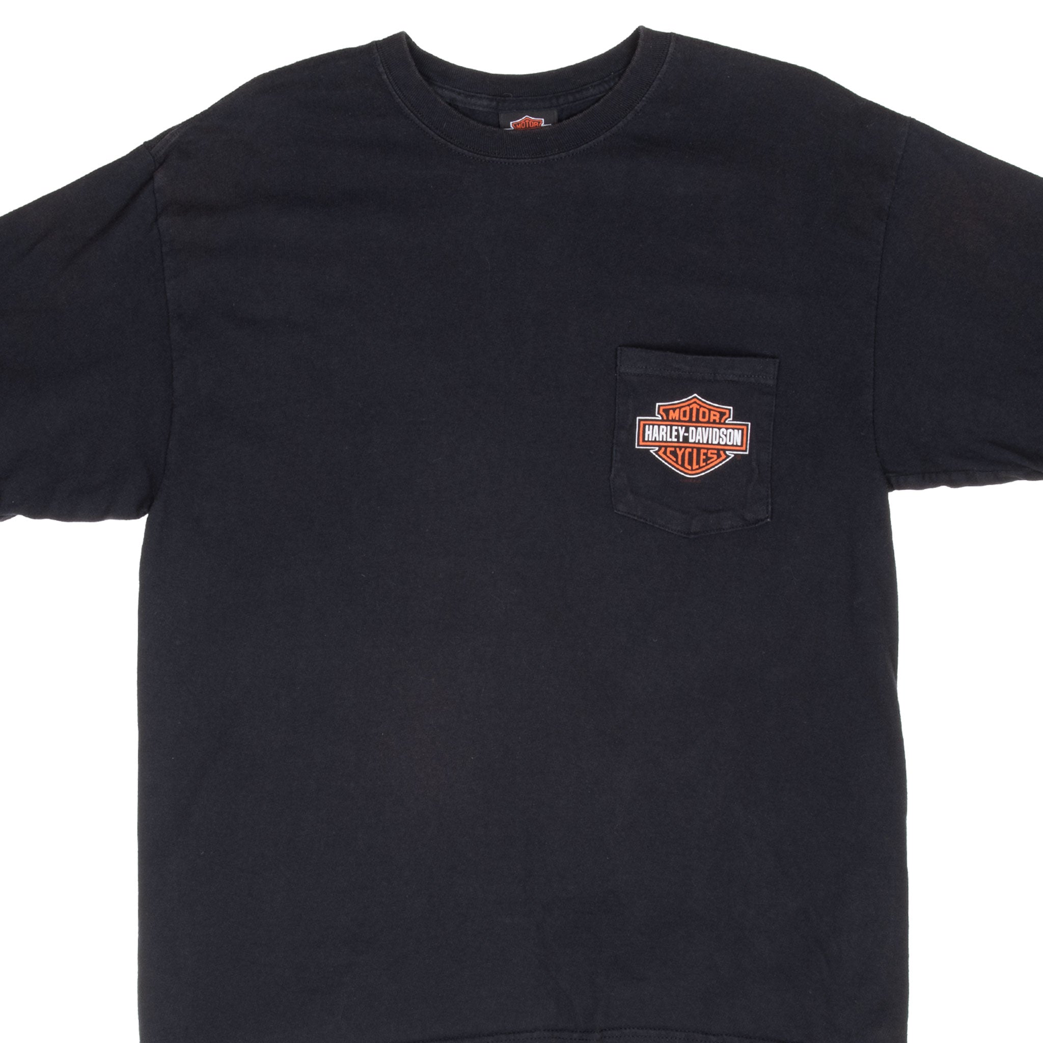 Close-up of black Harley-Davidson T-shirt front with logo chest pocket