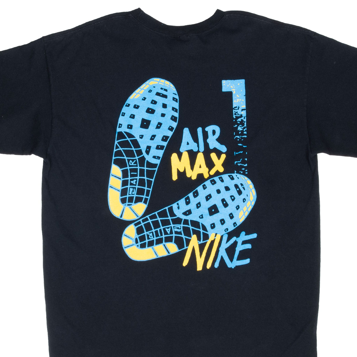 Back detail of black Nike Air Max T-shirt with blue and yellow sole, lettering and number 1 graphic