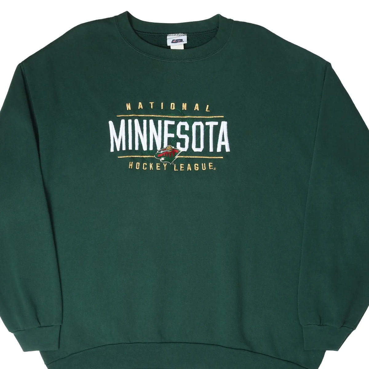 Front of dark green Minnesota Wild sweatshirt with embroidered National Hockey League design