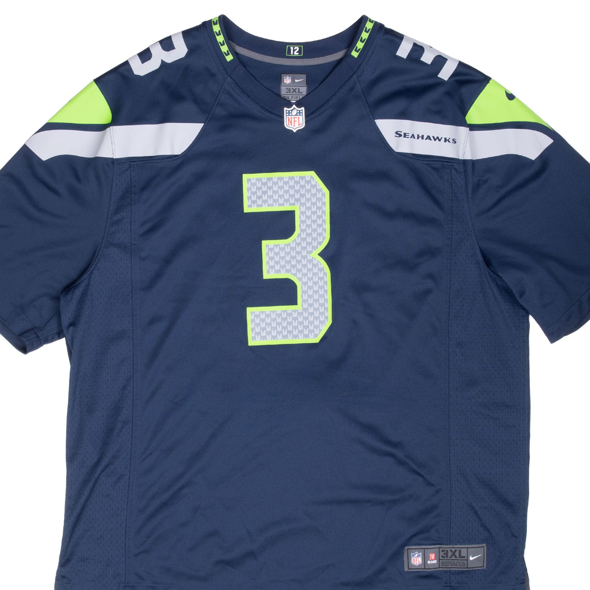 Front close-up of navy Nike Seattle Seahawks Russell Wilson number 3 jersey