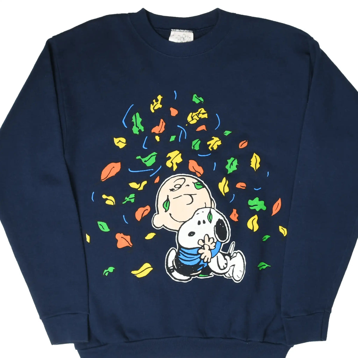 Front of navy Peanuts sweatshirt with Snoopy and Charlie Brown among colorful falling leaves