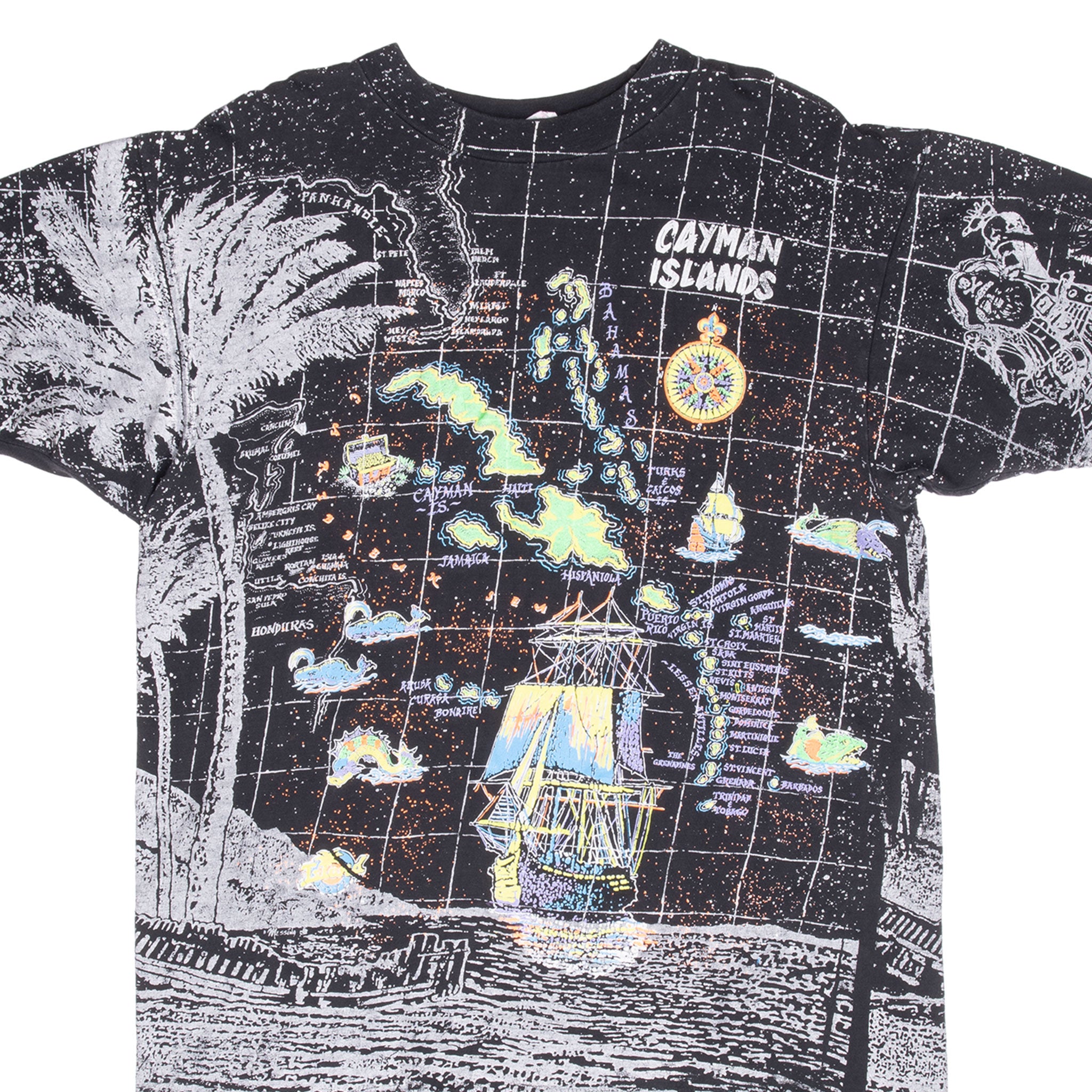 Vintage Cayman Islands All Over Print Tee Shirt 1990S Large Made In Usa With Single Stitch Sleeves