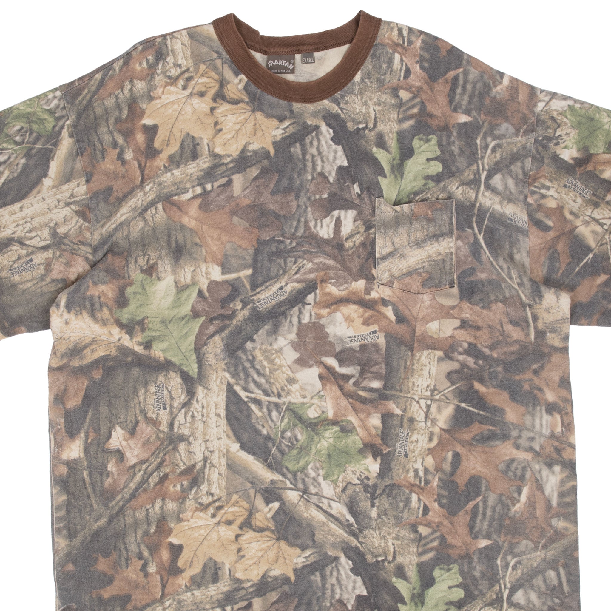 Vintage Hunting Advantage Timber Camo Pocket Tee Shirt 1990S Size 3XL Made In USA With Single Stitch Sleeves