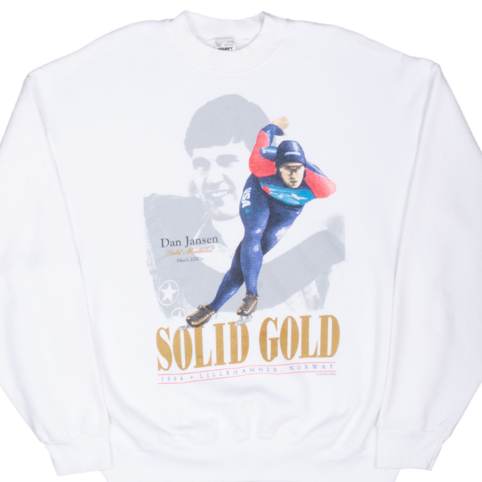 Front of white Dan Jansen sweatshirt with speed-skating portrait and metallic-gold Solid Gold graphic