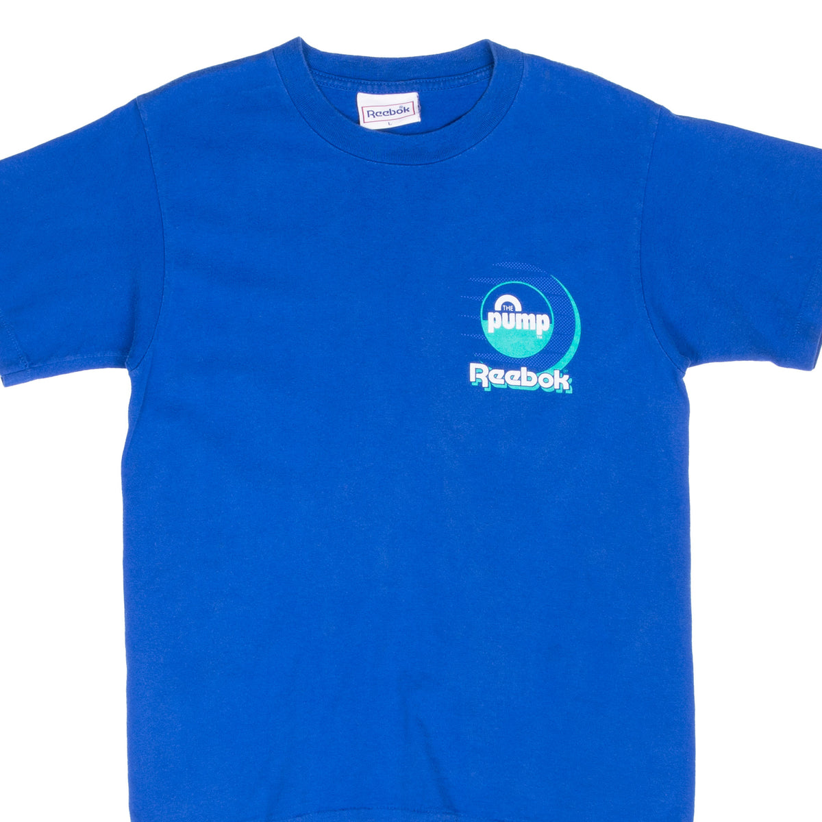 Front of blue Reebok T-shirt with small The Pump chest print