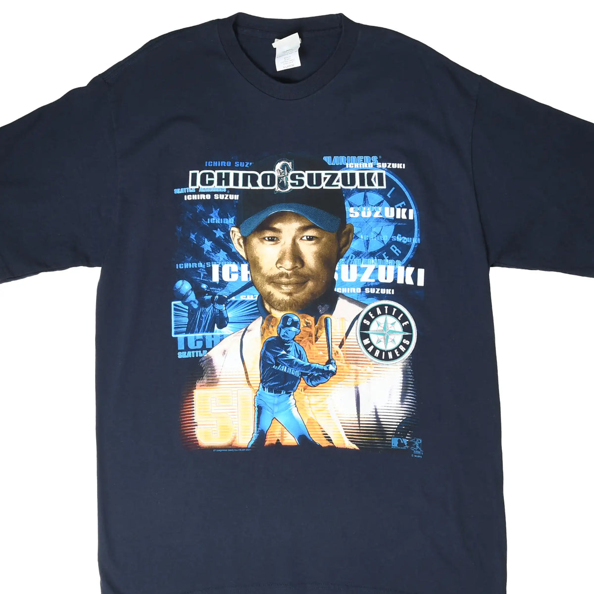 Front of navy Seattle Mariners T-shirt with large Ichiro Suzuki baseball graphic