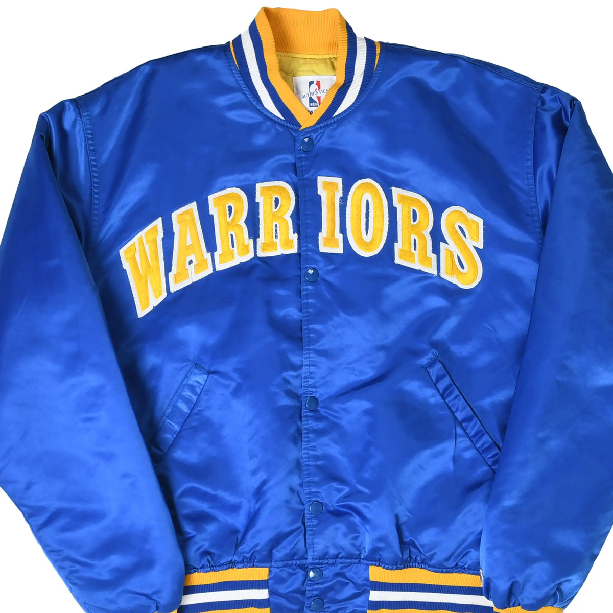 Front of blue Starter Golden State Warriors satin jacket with gold and white lettering