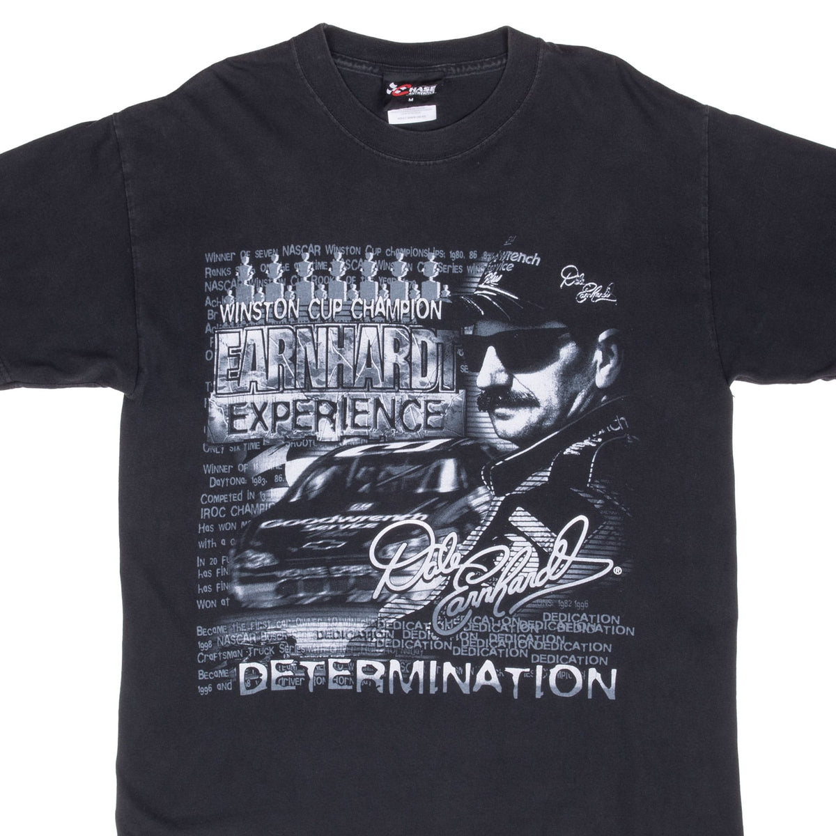 Dale Earnhardt Experience black T-shirt front with monochrome portrait, race car and Determination graphic