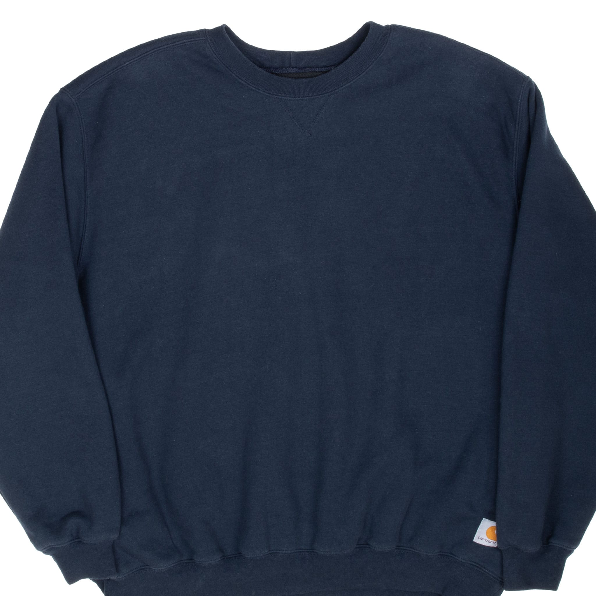 Front of navy blue Carhartt crewneck sweatshirt with logo patch near lower hem