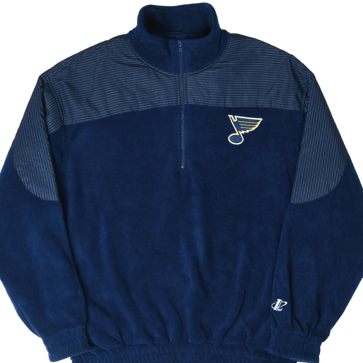 Front of navy St. Louis Blues fleece quarter-zip jacket with embroidered team logo
