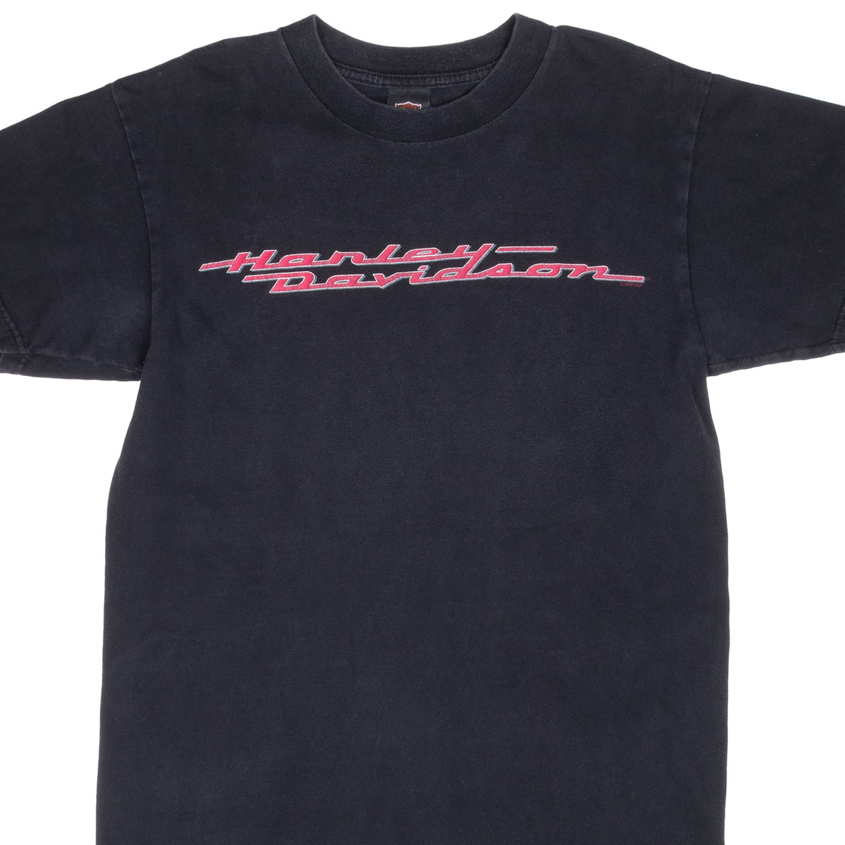 Front upper view of black Harley-Davidson T-shirt with red and white script logo