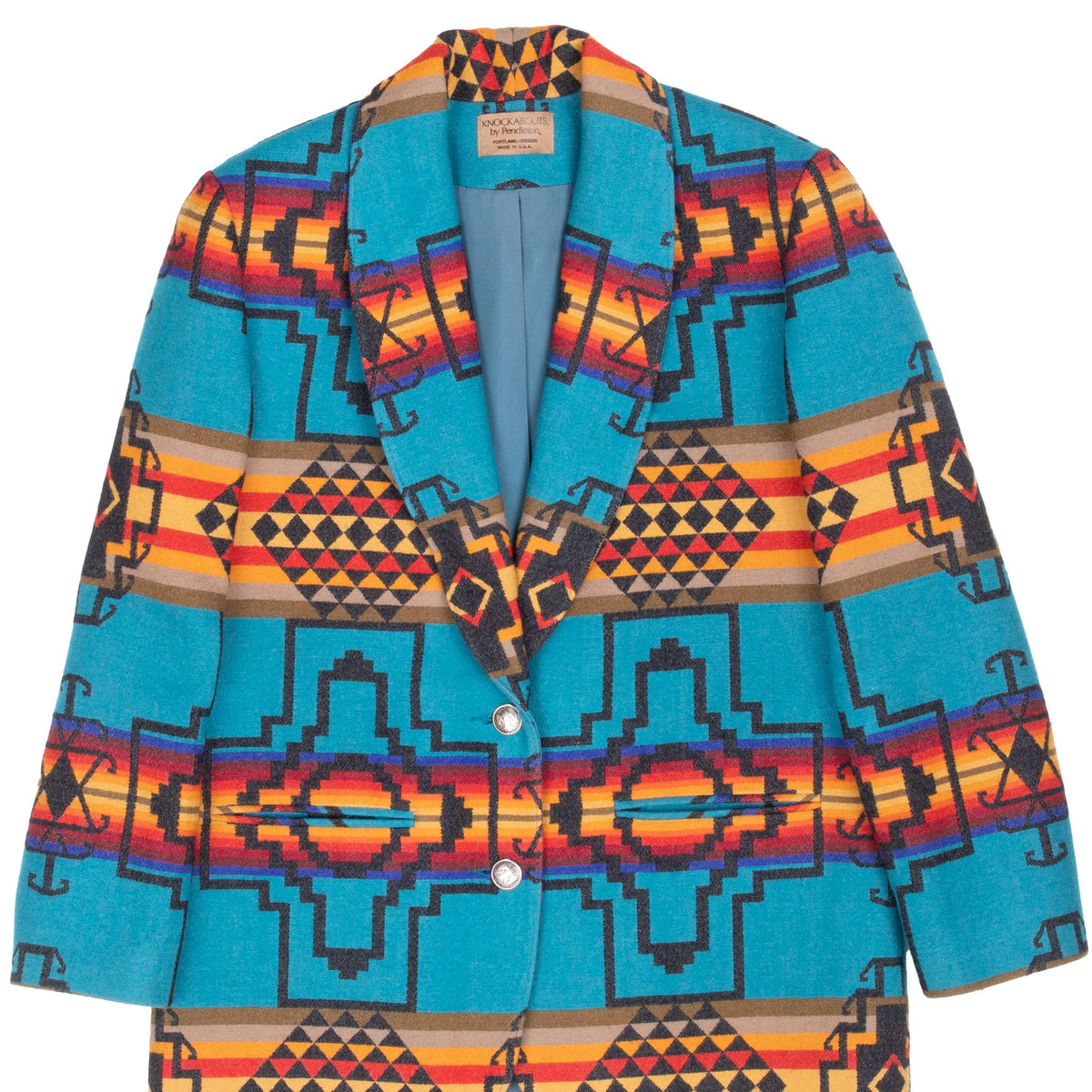 Front of Pendleton women's turquoise geometric-pattern wool blazer with notched lapels