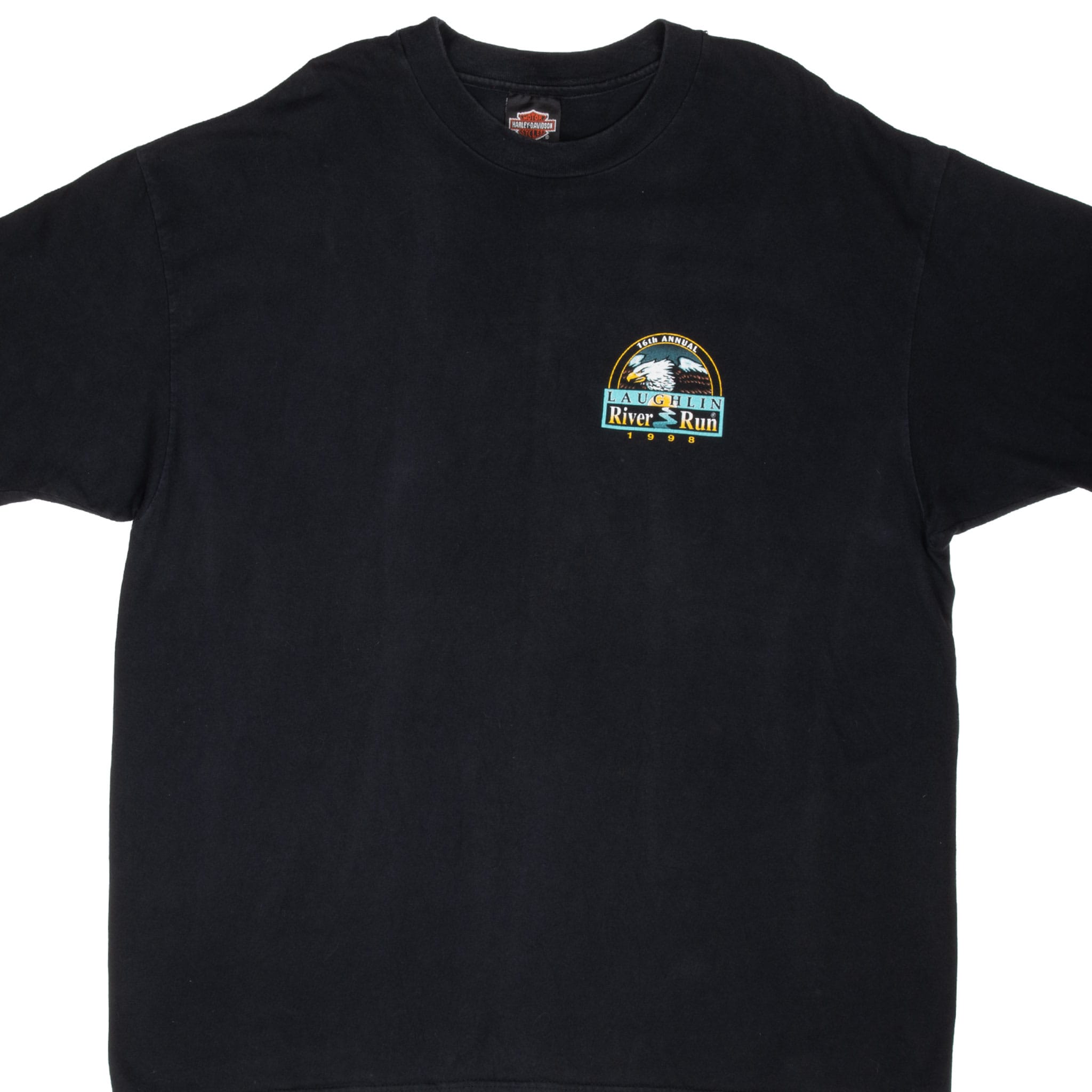 Front of black Harley-Davidson T-shirt with small Laughlin River Run eagle graphic