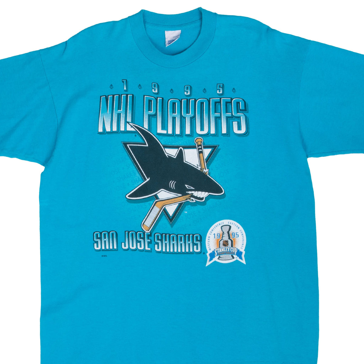 Close front view of teal San Jose Sharks 1995 NHL Playoffs T-shirt and graphic