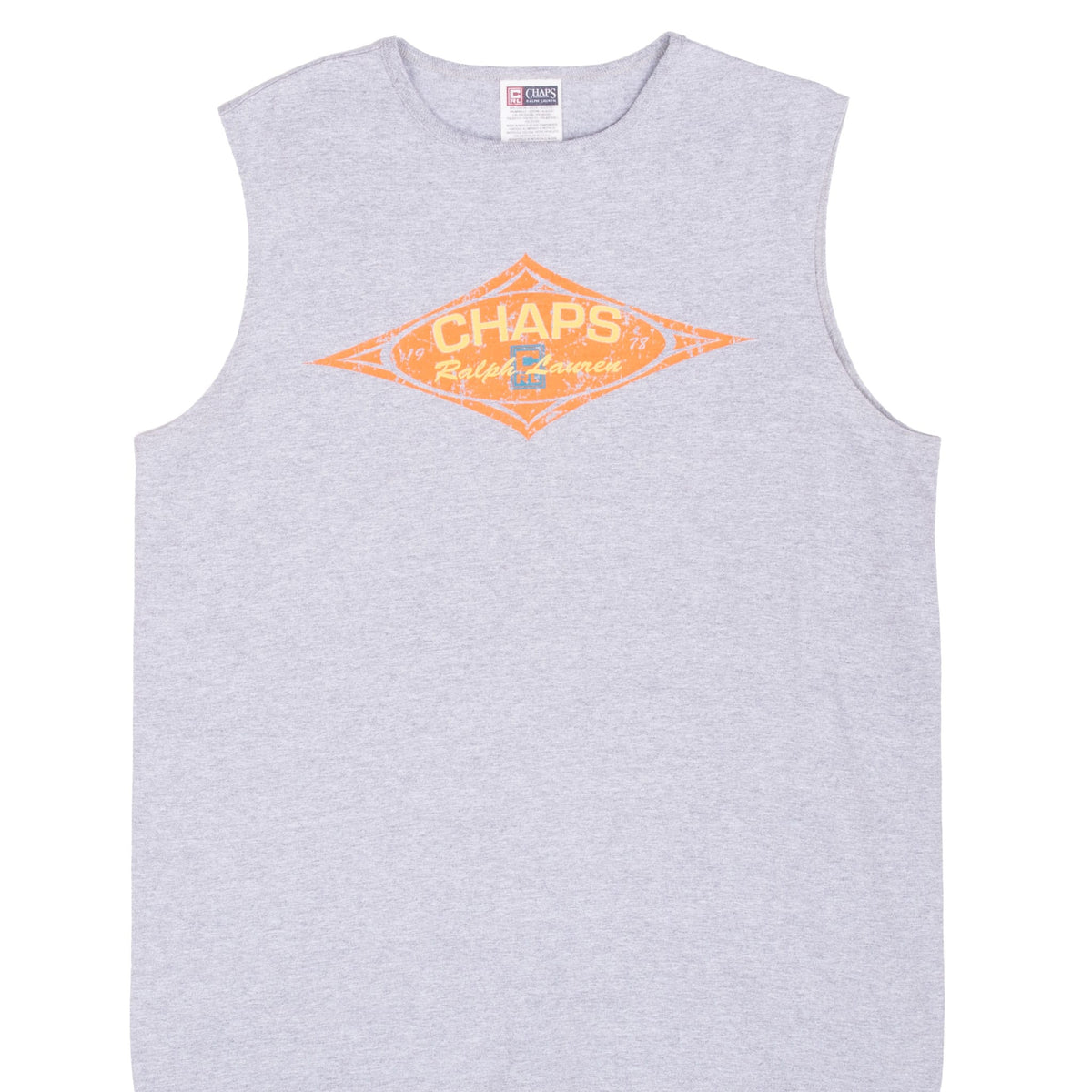 Front of grey Chaps Ralph Lauren tank top with orange diamond chest graphic
