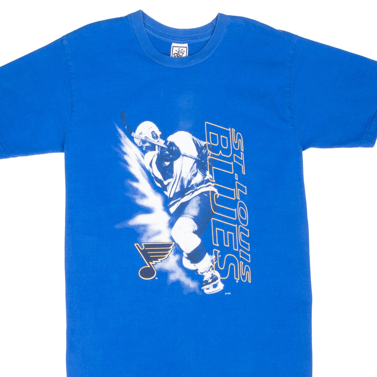 Front of blue St. Louis Blues NHL T-shirt with hockey player graphic