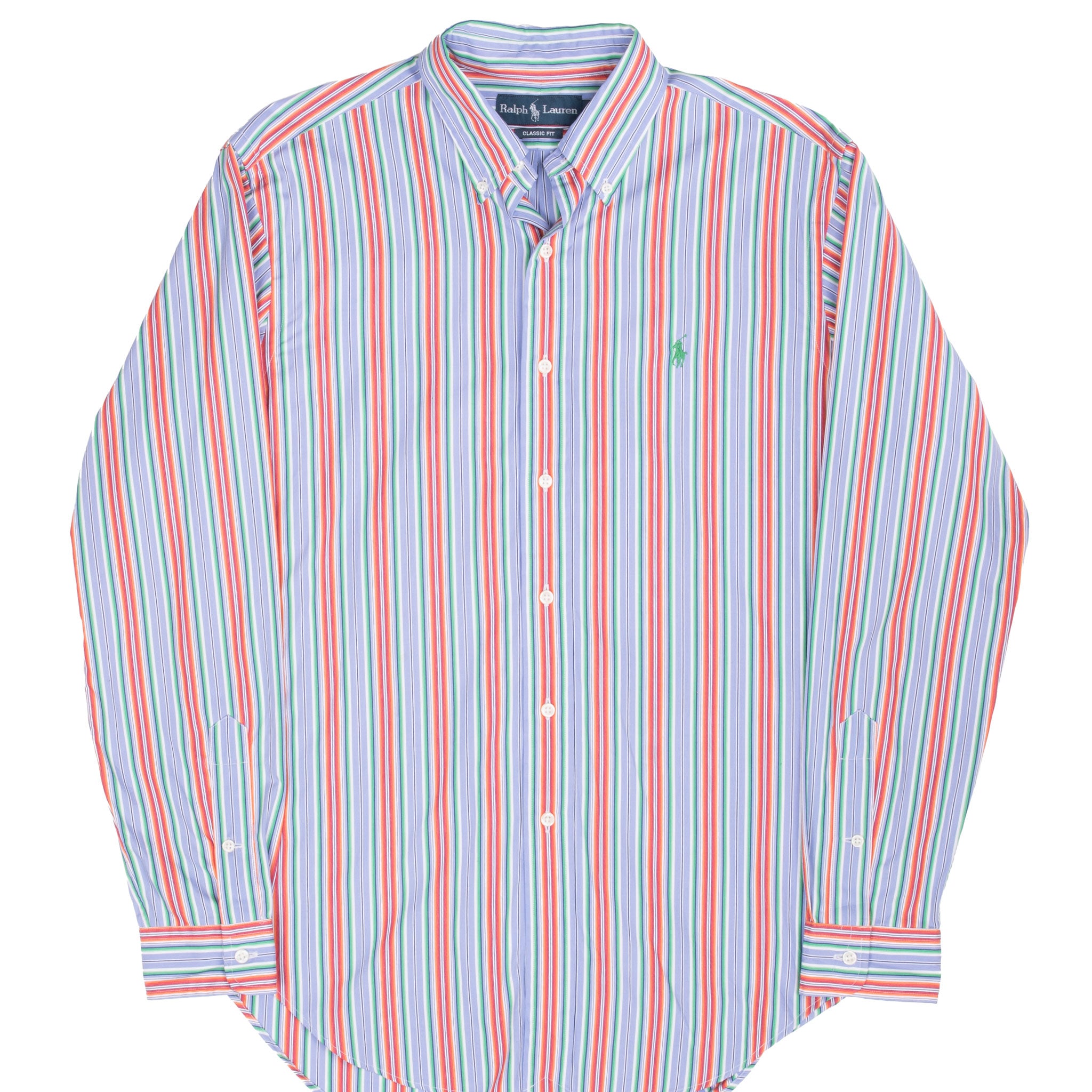 Front of Ralph Lauren long-sleeve shirt with blue, green, orange, white and navy vertical stripes