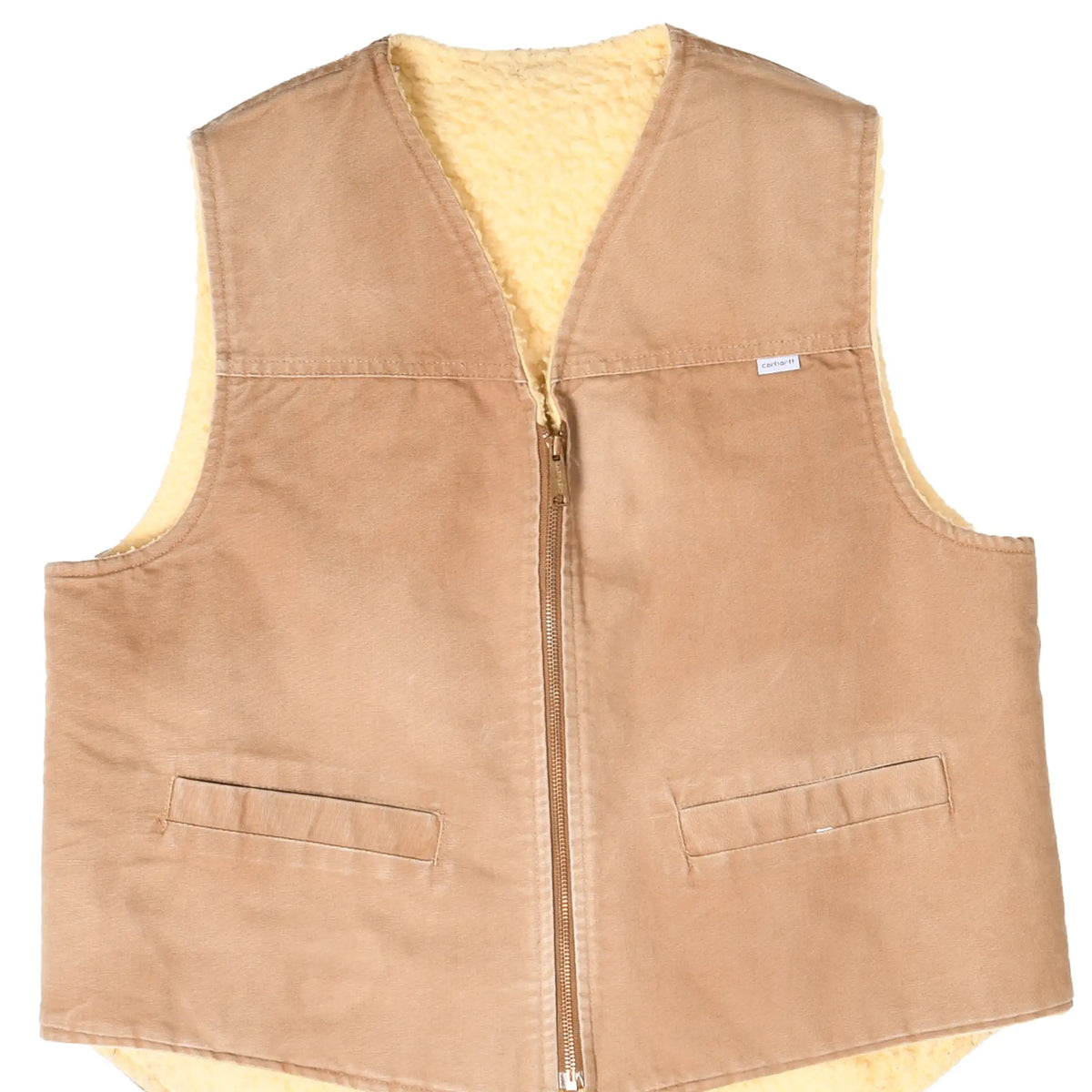 Front of brown Carhartt 8SV vest with zip closure, two pockets, and cream sherpa lining