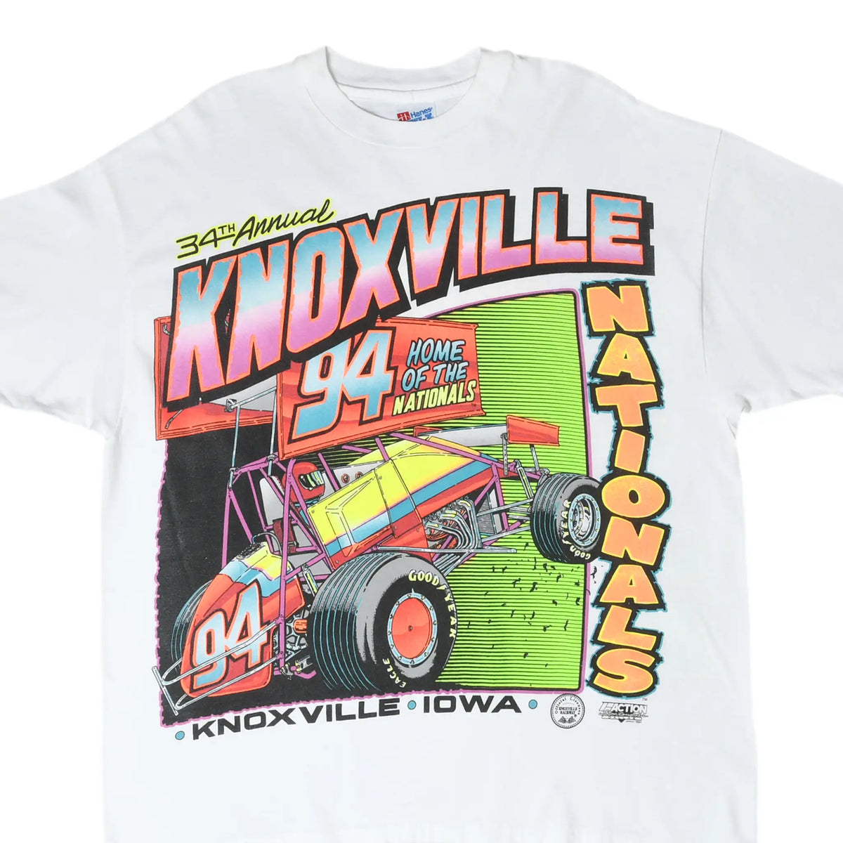 Front graphic on white Knoxville 34th Annual Nationals T-shirt with colorful sprint car illustration
