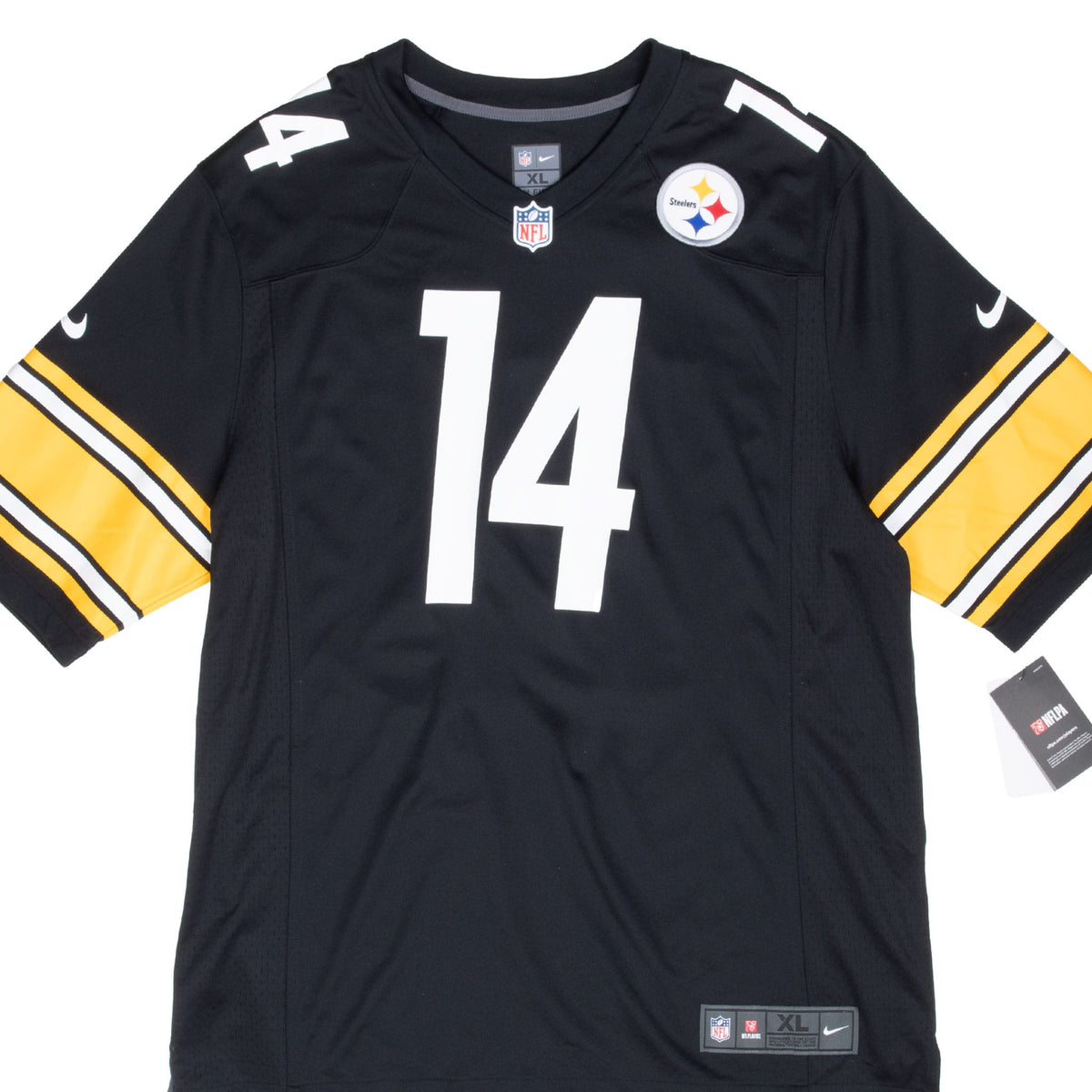 Front close-up of black Nike Pittsburgh Steelers Pickens jersey with white 14 and striped sleeves