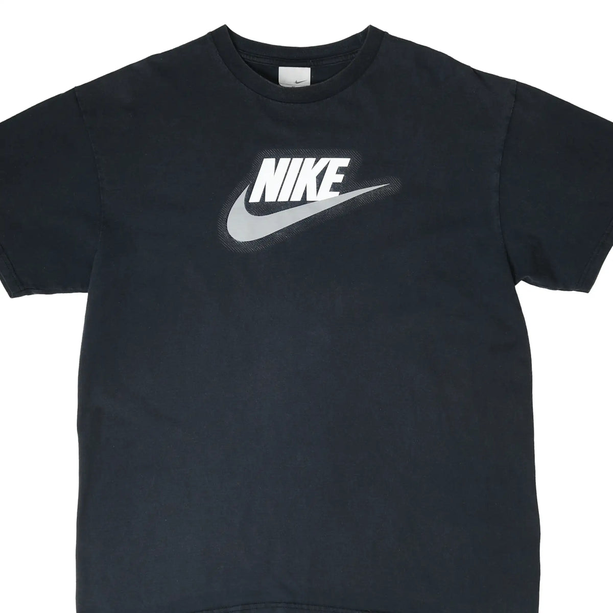 Front upper view of black Nike T-shirt with white spellout and large Swoosh graphic
