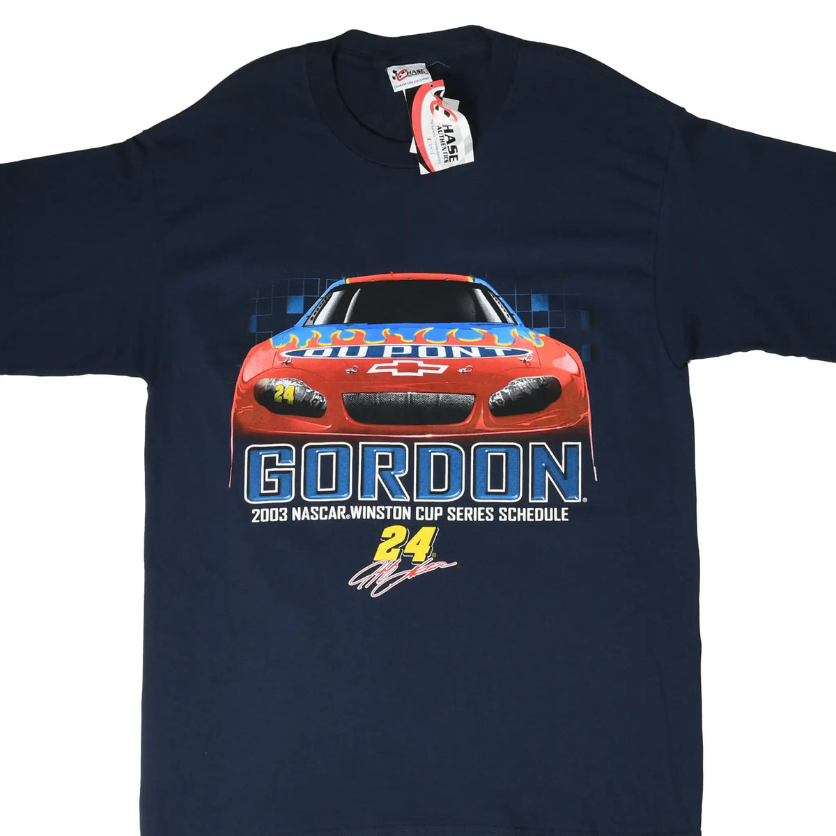 Front of navy Jeff Gordon NASCAR T-shirt with DuPont No. 24 race car graphic and attached tags