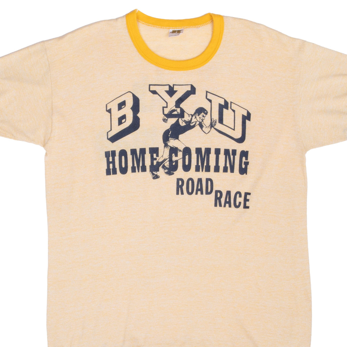 Front upper view of cream BYU Homecoming Road Race ringer T-shirt with yellow collar