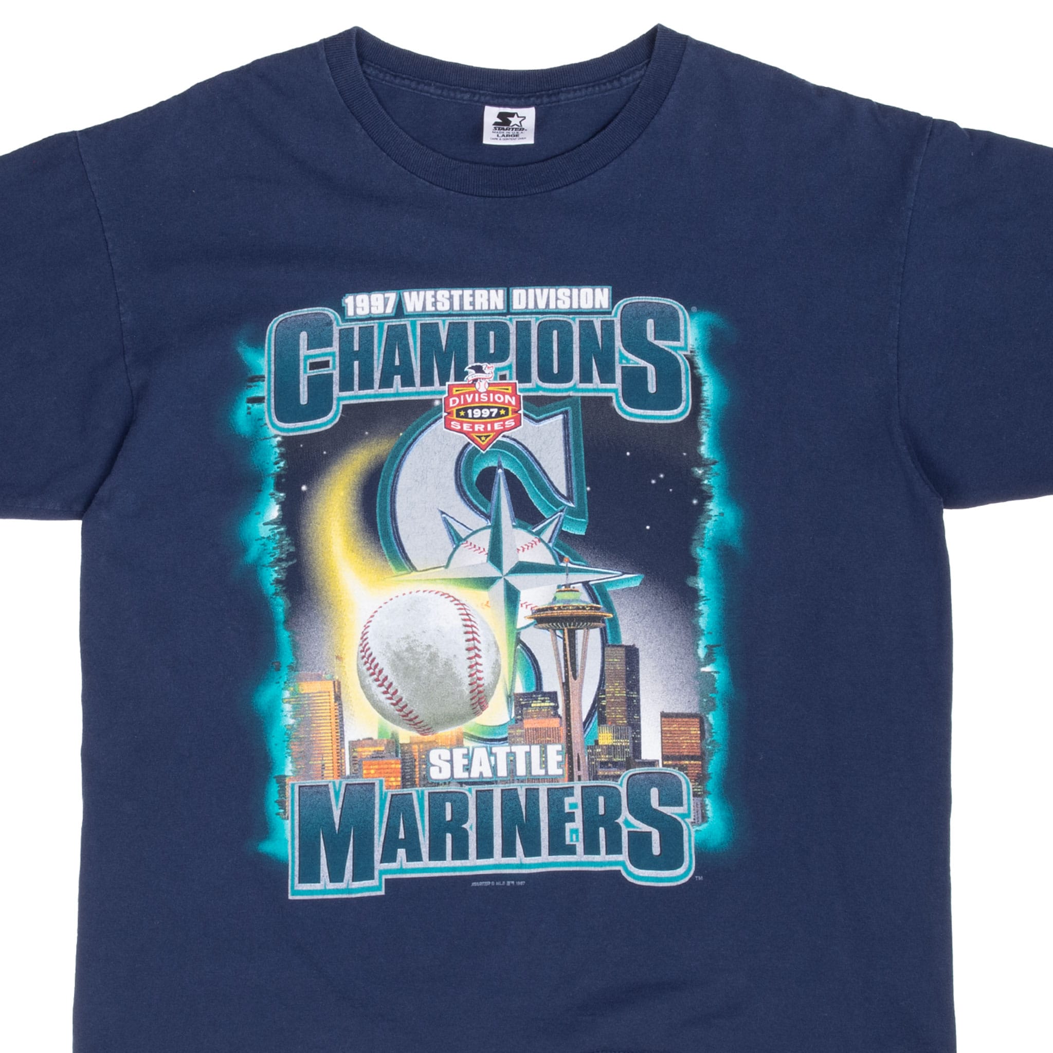 Seattle Mariners 1997 Western Division Champions graphic on navy Starter T-shirt