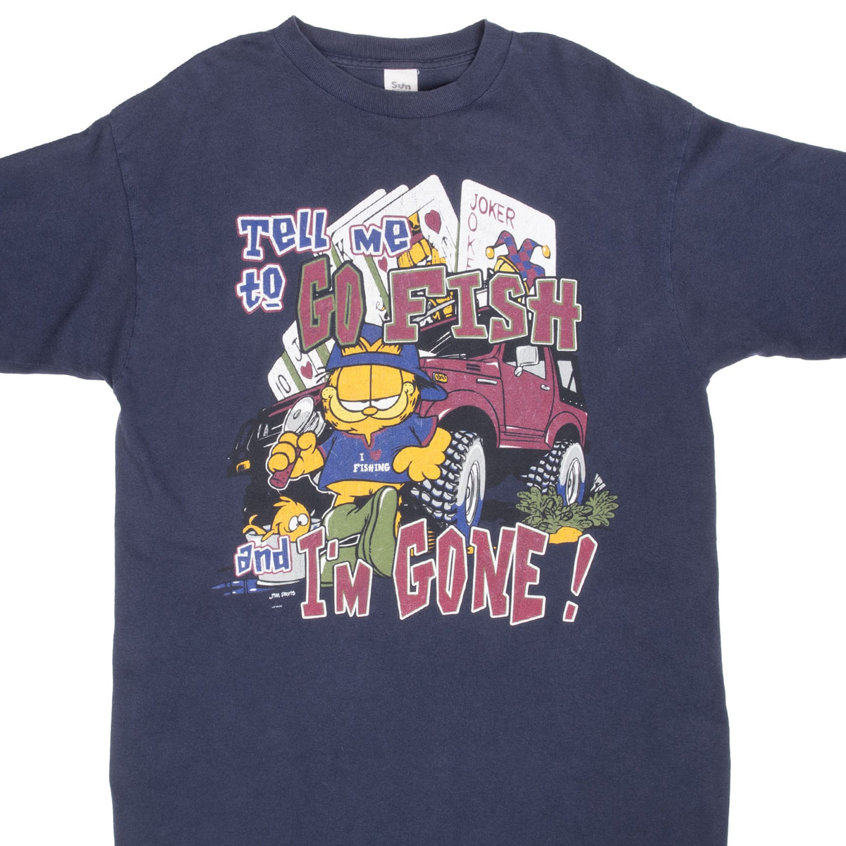 Front upper view of navy Garfield fishing graphic T-shirt
