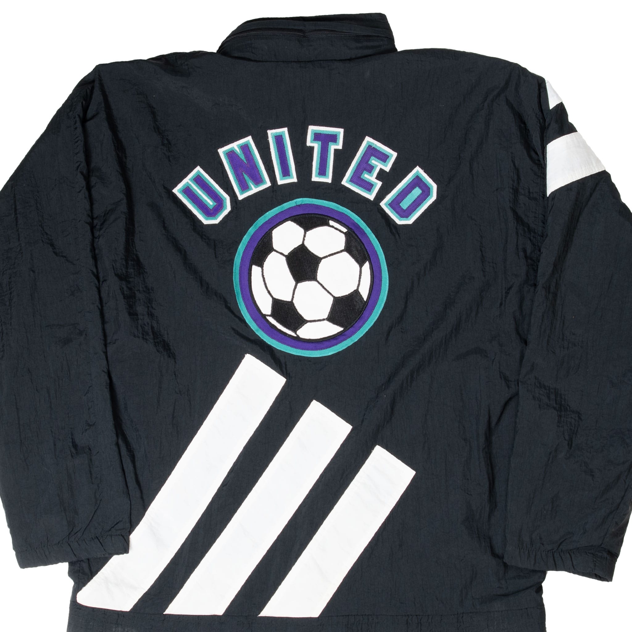 Back of black Adidas soccer jacket with United ball emblem and diagonal white stripes