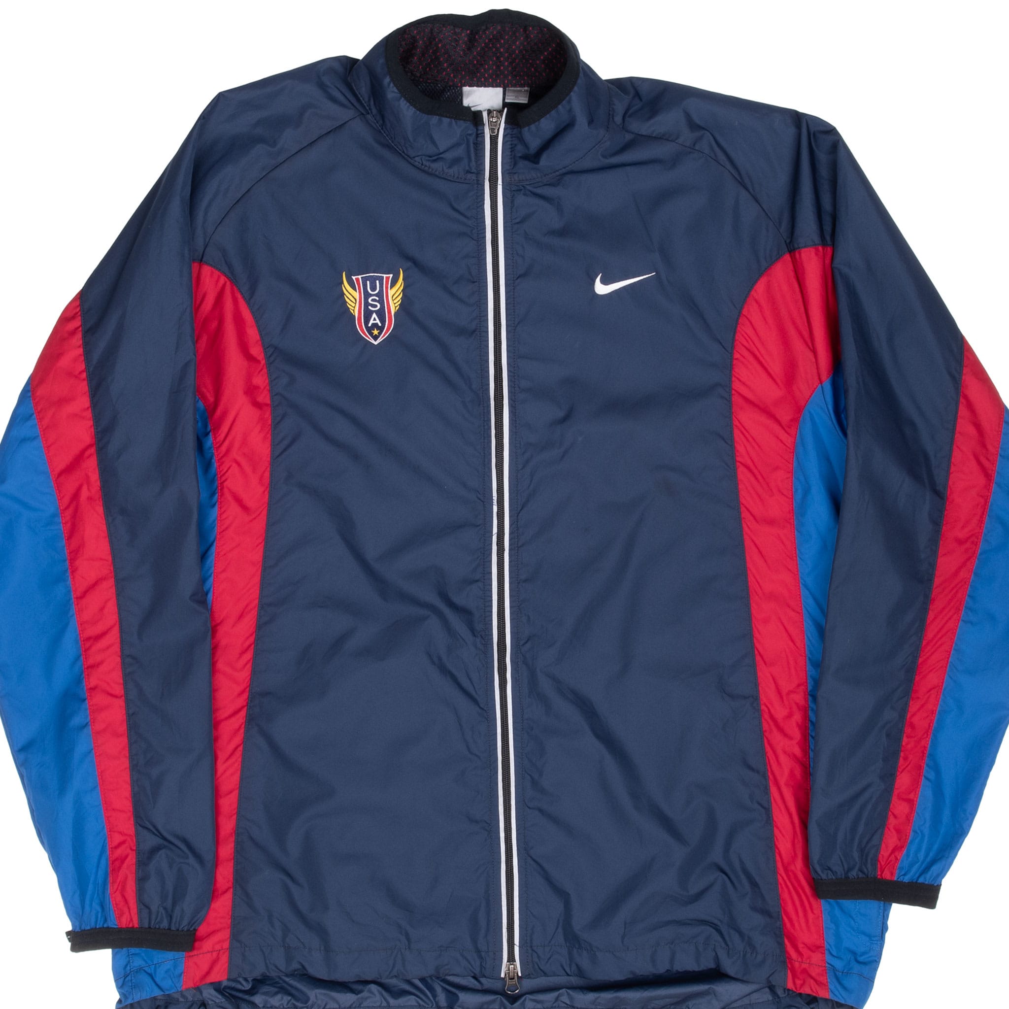 Front of blue Nike Team USA windbreaker with red and bright blue color-blocked sleeves