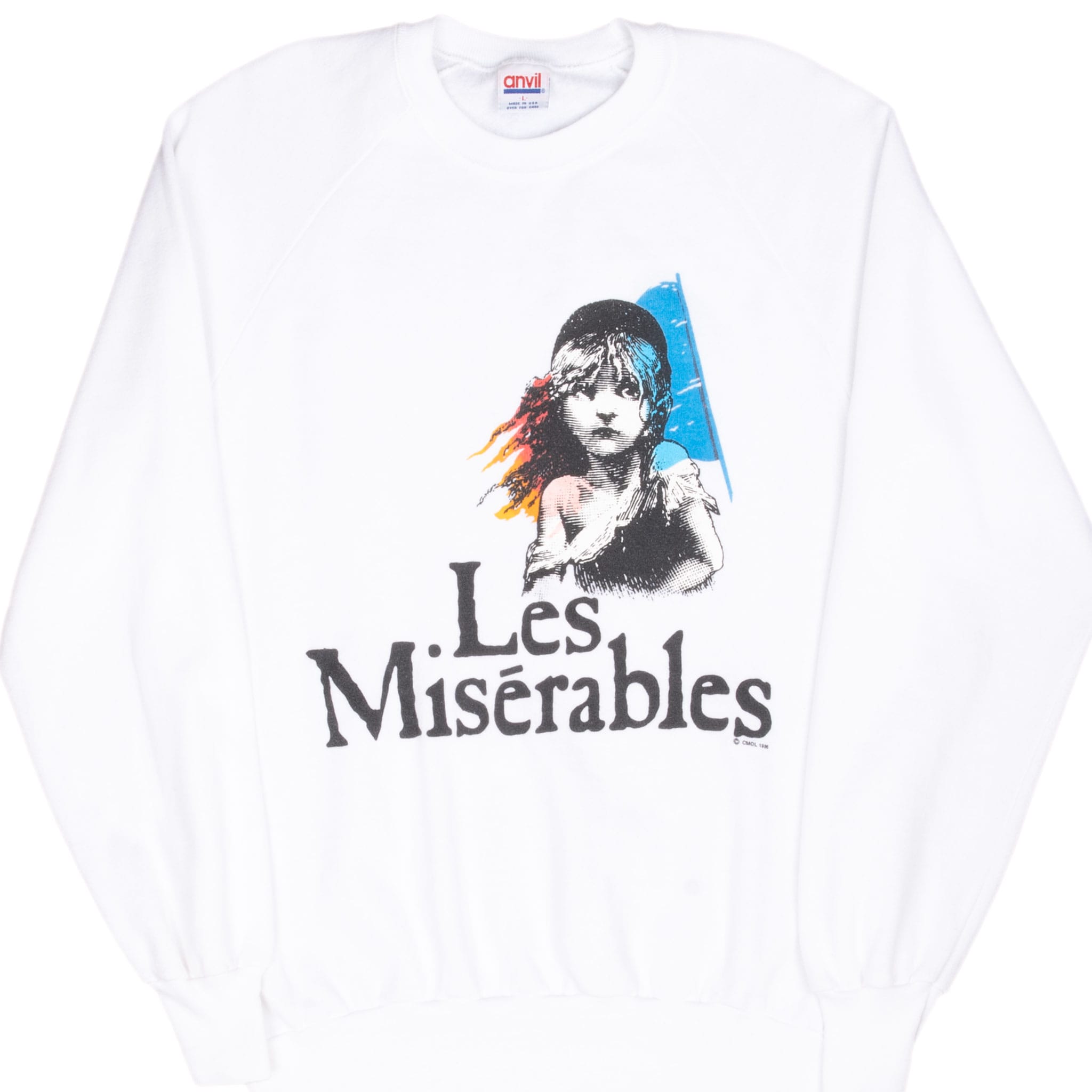 Front of white Les Misérables crewneck sweatshirt with illustrated character graphic