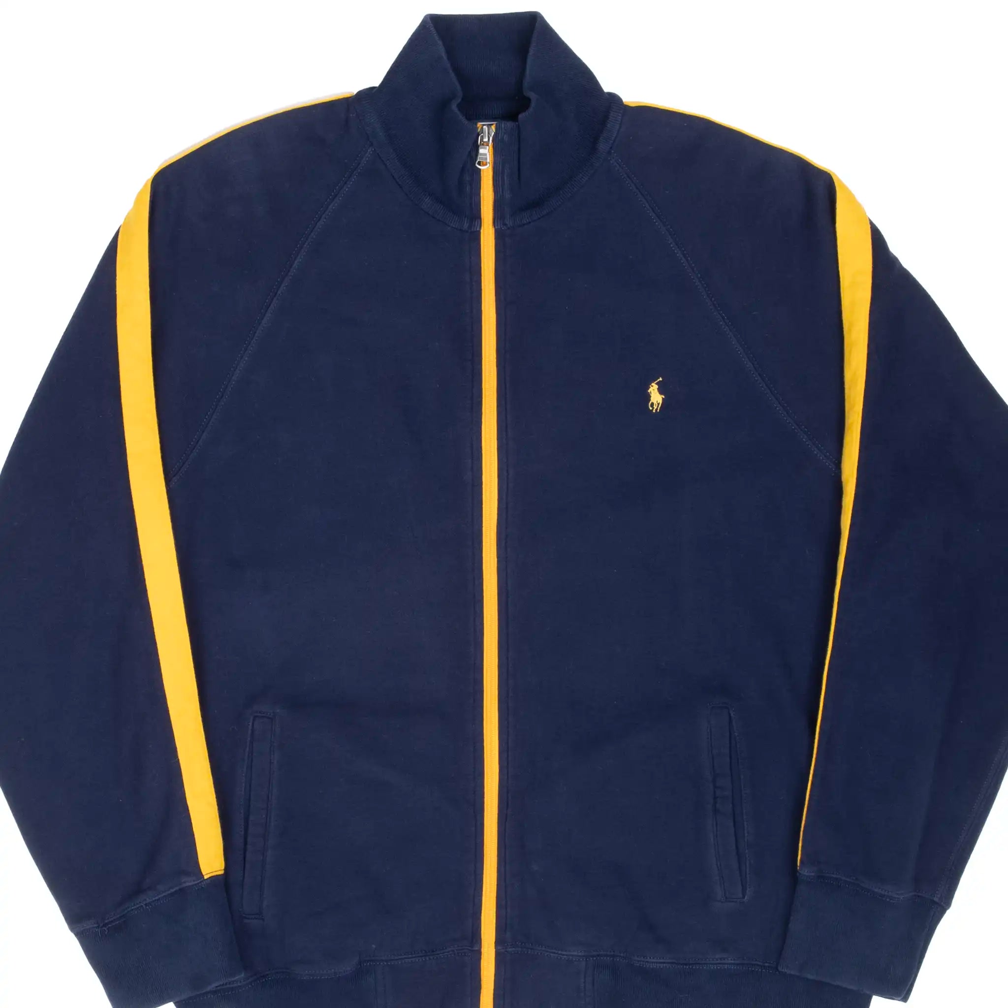 Front of navy Polo Ralph Lauren zip-up sweatshirt jacket with yellow stripes and pony logo