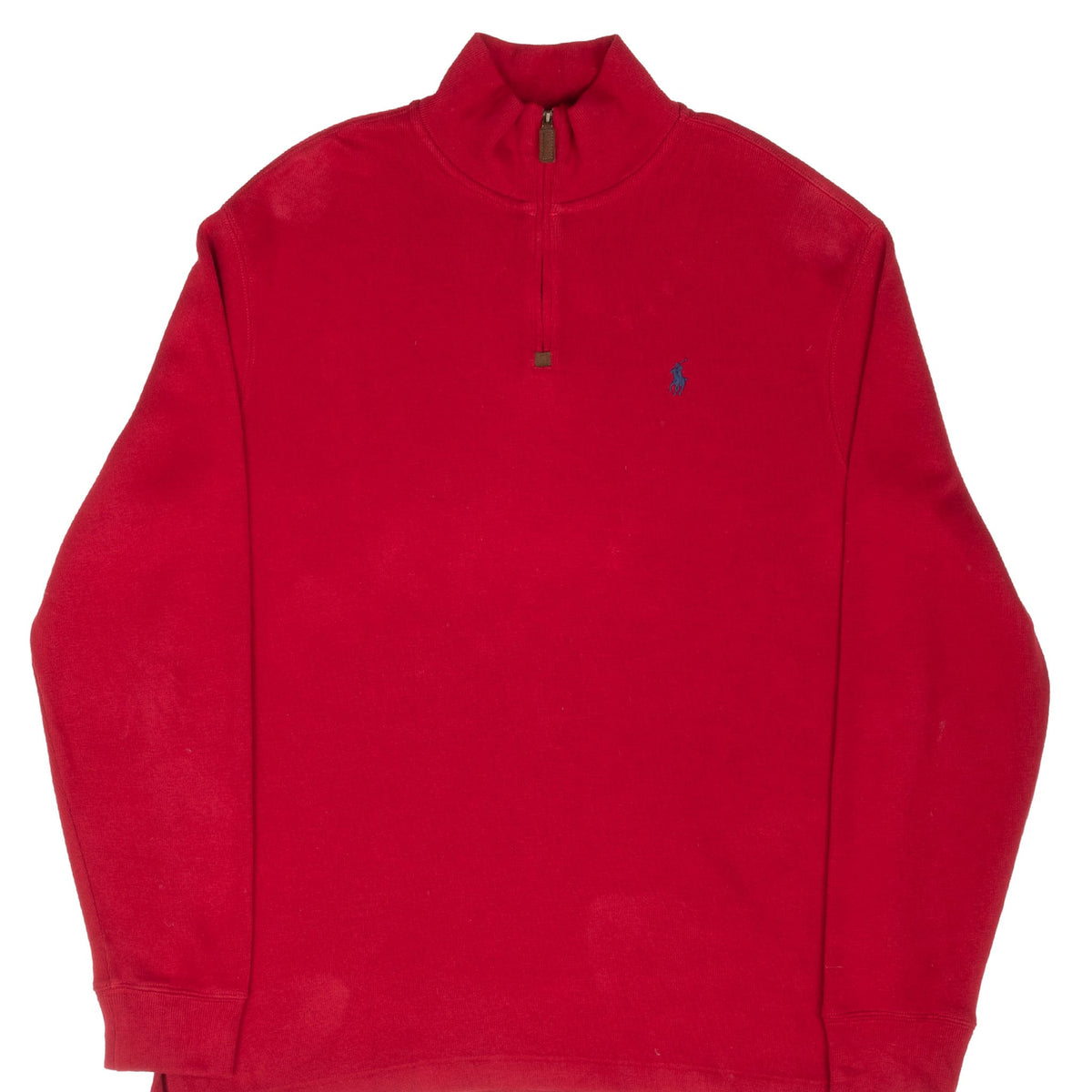 Front of red Polo Ralph Lauren quarter-zip sweater with navy embroidered pony logo