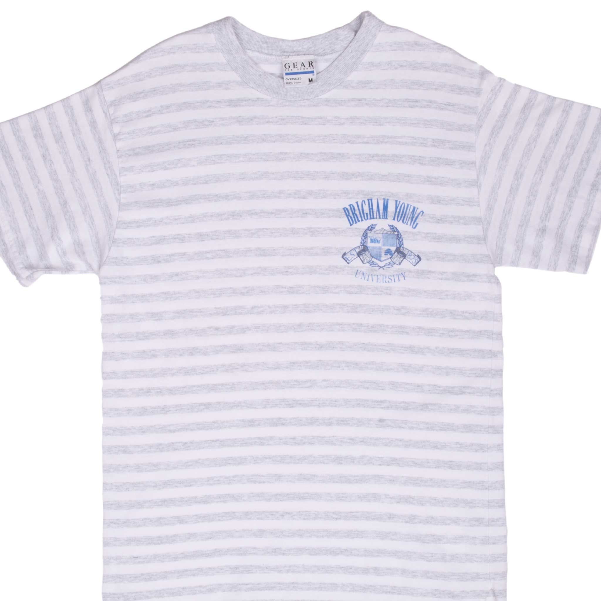 Vintage Ncaa Byu Brigham Young Cougars 1990S Striped Tee Shirt Size Medium Made In Usa