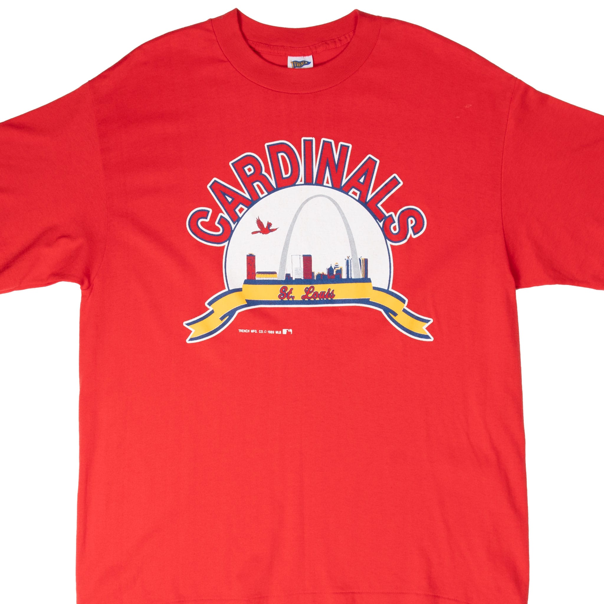 Front close-up of red St. Louis Cardinals T-shirt with skyline and Gateway Arch graphic