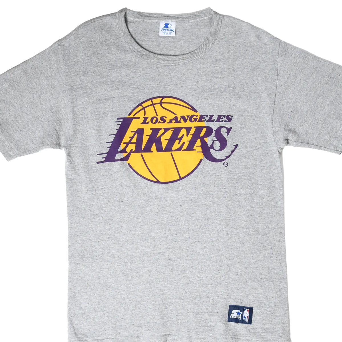 Front of gray Starter T-shirt with purple and gold Los Angeles Lakers basketball logo