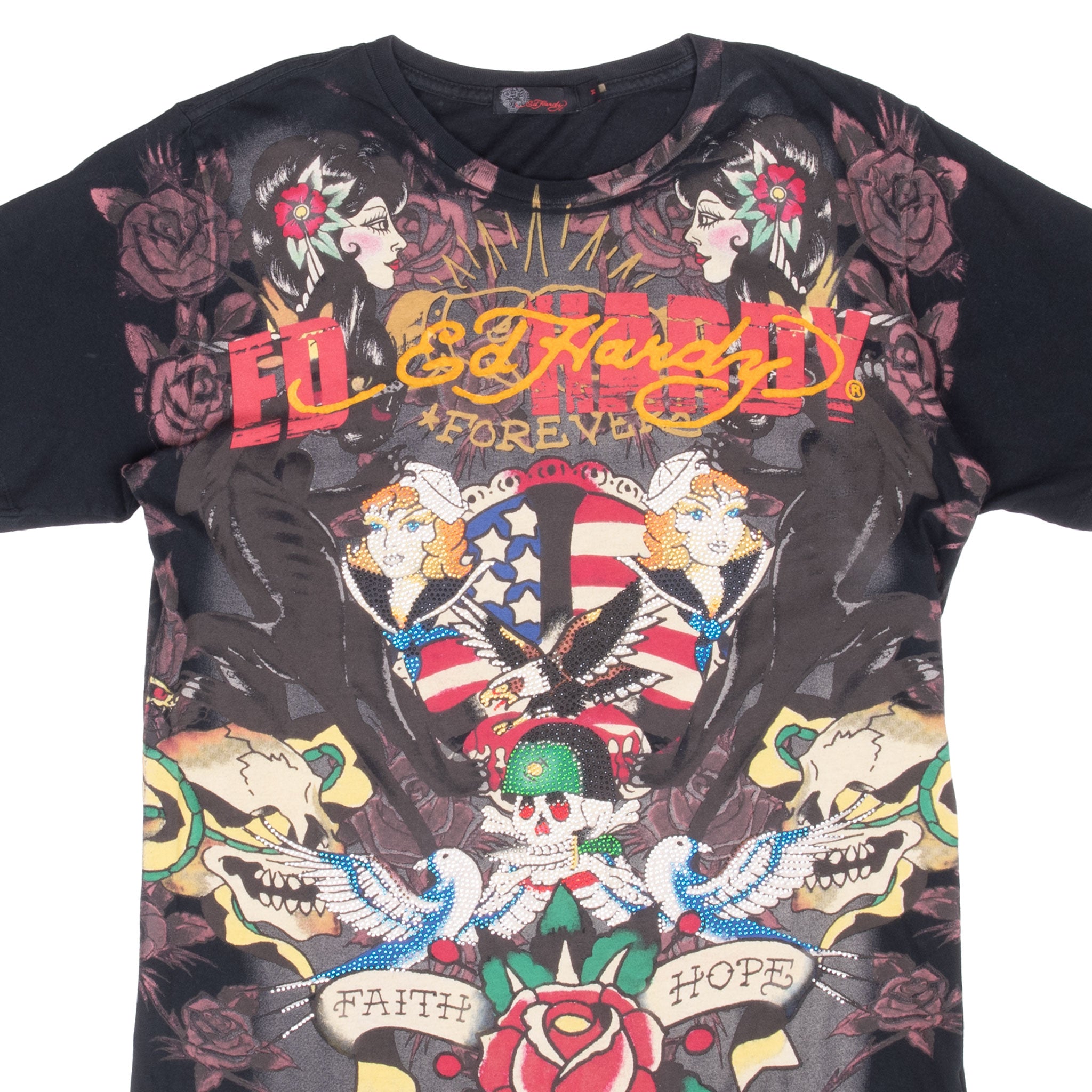 Vintage Ed Hardy All Over Print Rhine Stones Tee Shirt 2000S Medium