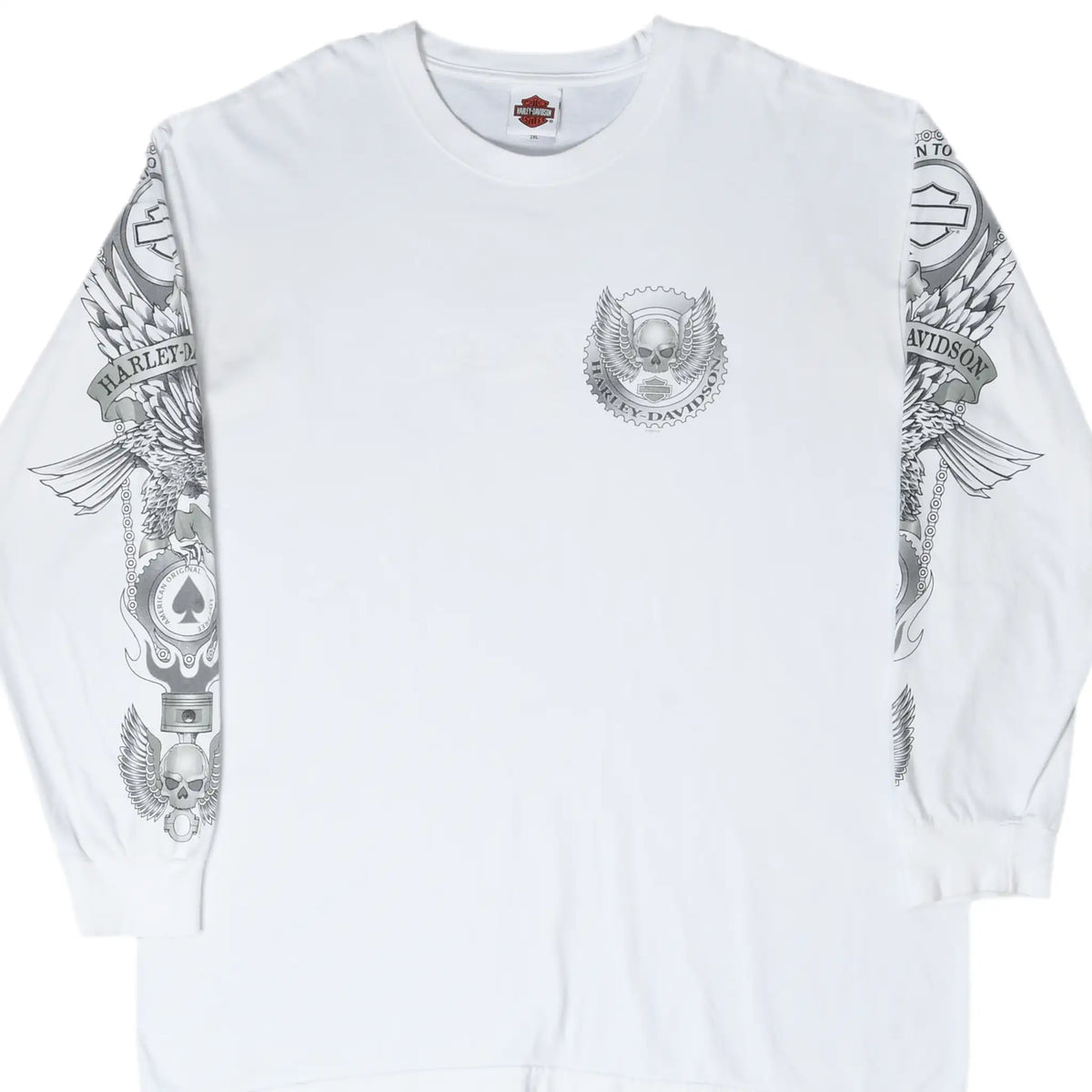 Front of white Harley-Davidson long-sleeve shirt with winged skull chest and sleeve graphics