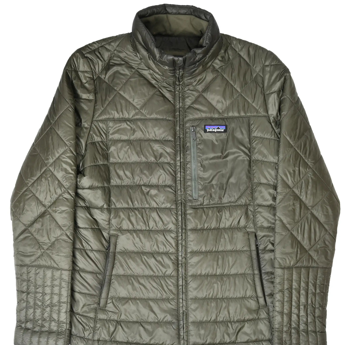 Front of women's Patagonia Radalie green quilted puffer jacket