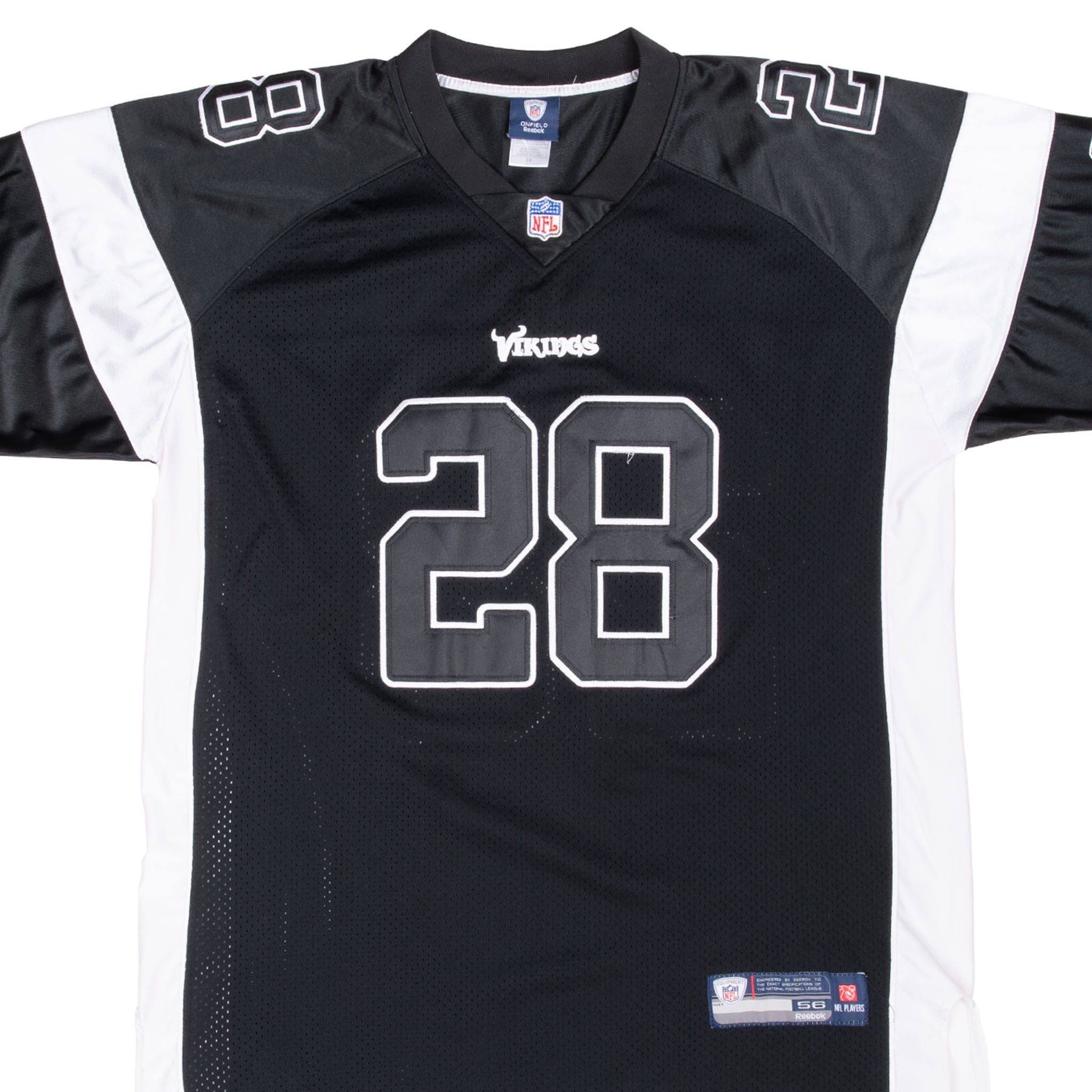 Front detail of black Minnesota Vikings Adrian Peterson #28 Reebok jersey